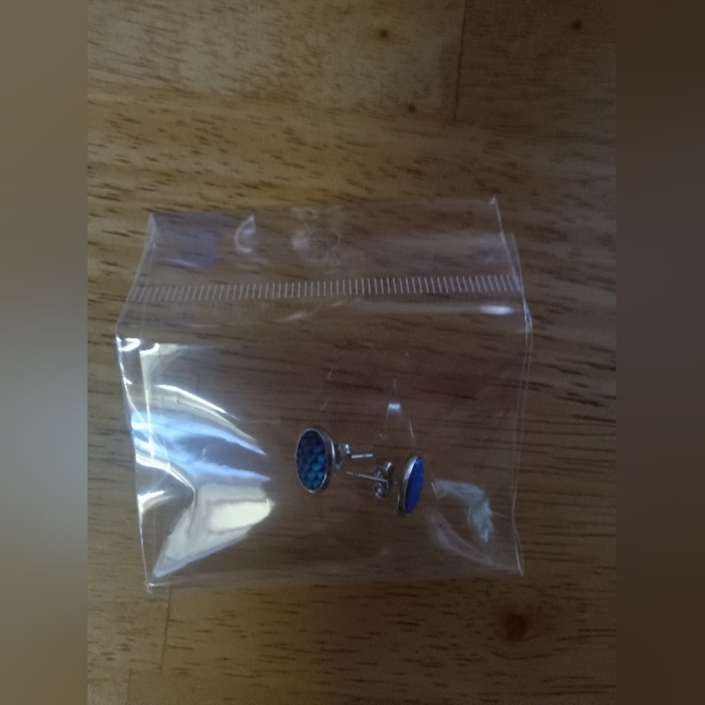 Women's Mermaid Scale Silver Tone Seafoam Stud Bling 💎 Earrings NWT - Picture 4 of 4